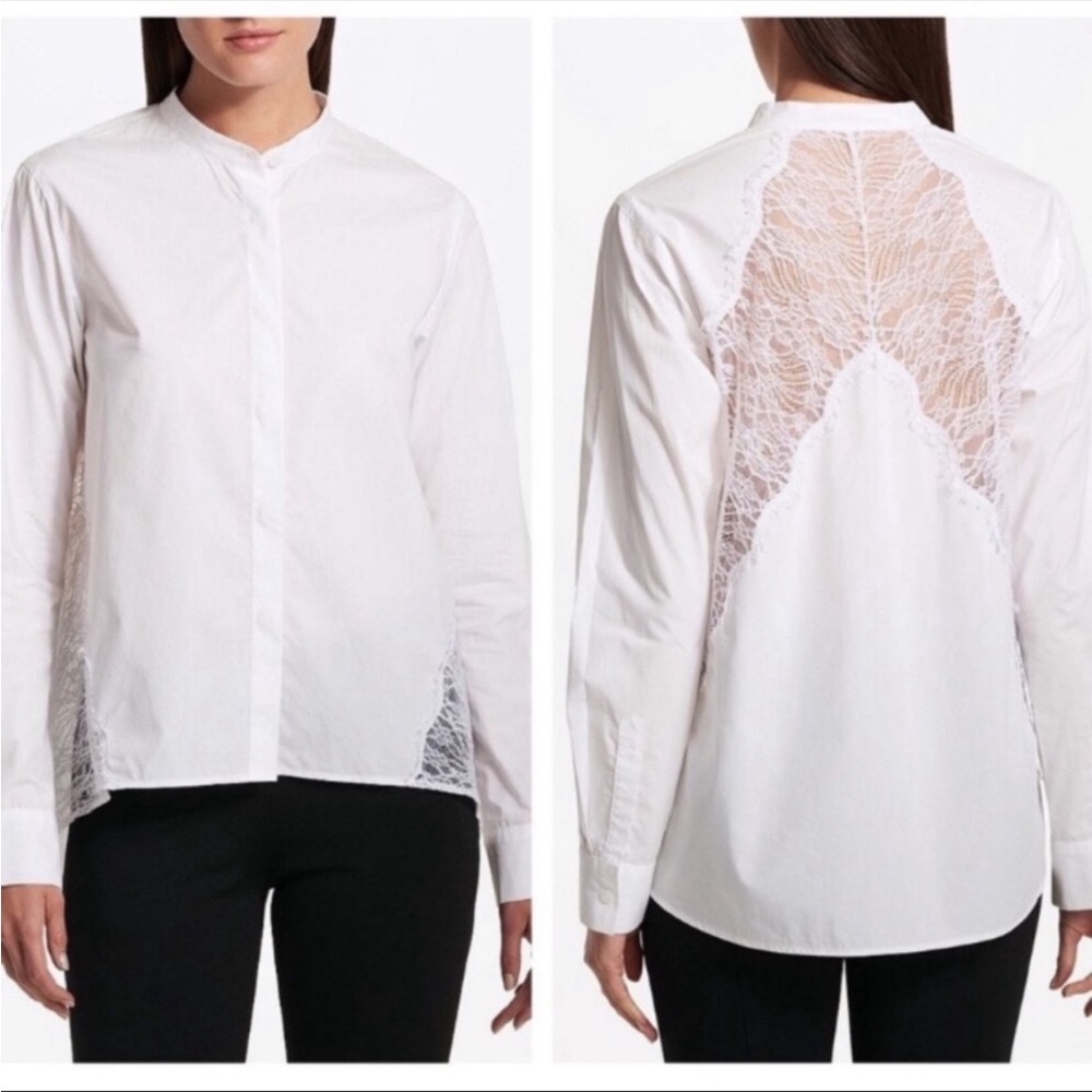 Donna Karan Lace Insert Mandarin Collar Button Up L